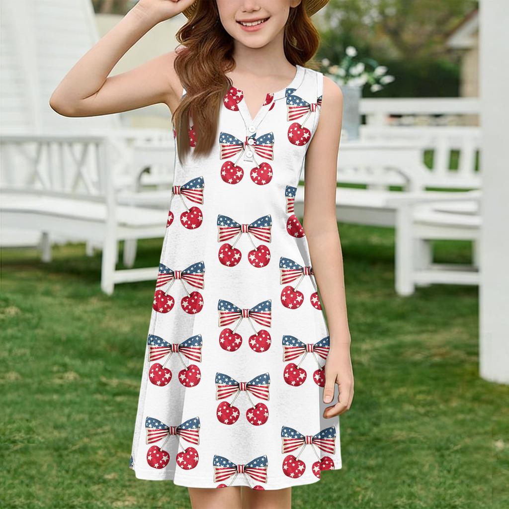 Girl Summer Dress Color & Print Sleeveless Dress With Pocket Casual Dress Sleeveless Party Dress Independence Day