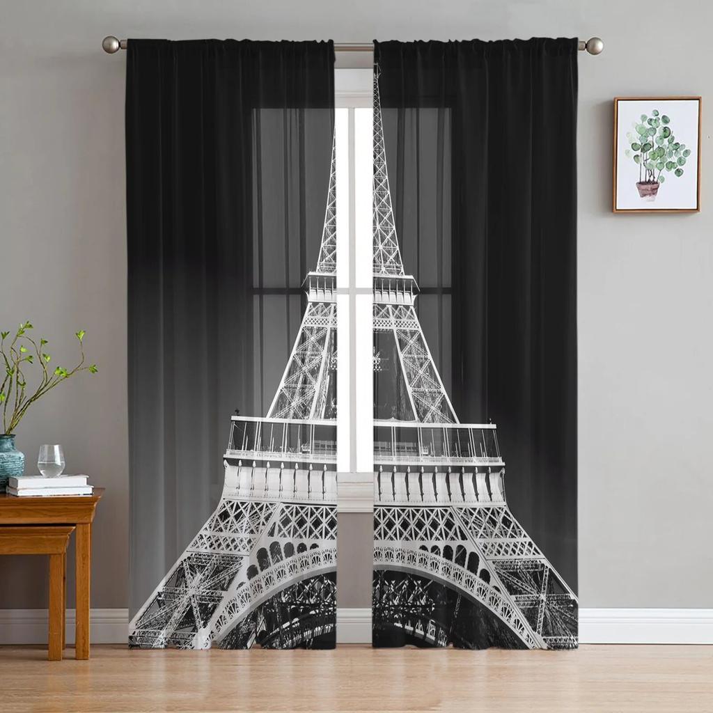 Black And White Paris Drawing Tulle Curtains for Living Room Drapes Window Sheer Modern Curtains for Bedroom Decor