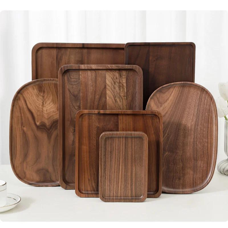 1pc Black Walnut Tray Storage Rectangular Tea Fruit Wooden Board Solid Wood Coffee Cake Wooden Tray Kitchen Storage Trays