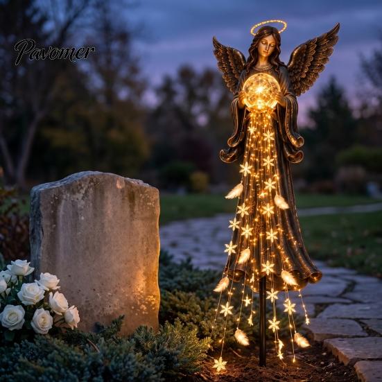 Solar Powered Flower Bed Lights Angel Remembrance Garden Light, LED Blessing Statue with Warm Cascading Outdoor Waterproof Decorative Stakes Memorial
