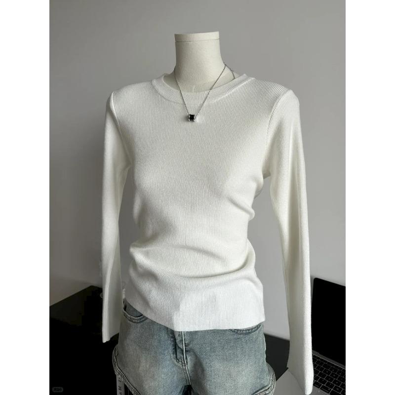 Simple and Versatile Slim-fitting Knitted Bottoming Shirt Women's Spring and Autumn Shoulder White Long-sleeved Shirt Basic Inner Top