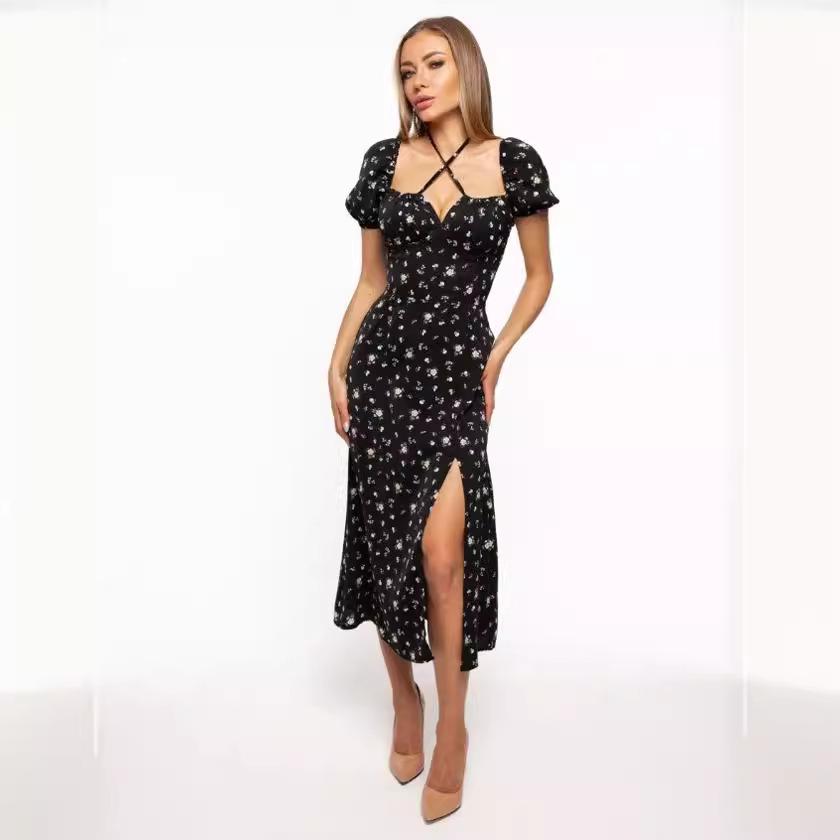 Women's Summer Floral Puff Sleeve Halter Dress with Square Neck