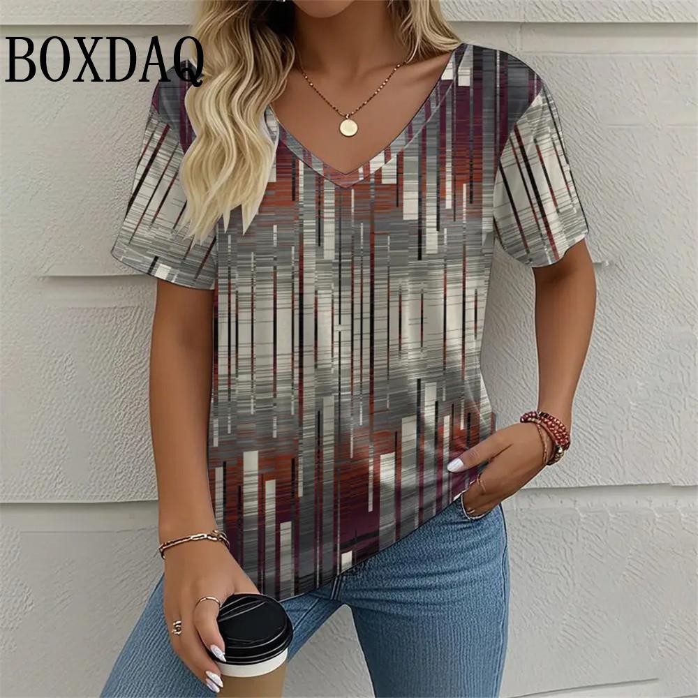 Summer Women Plaid Pattern Print T Shirt Fashion Casual Loose Short Sleeve Tops Plus Size V-Neck Women's Tees Shirts 5XL