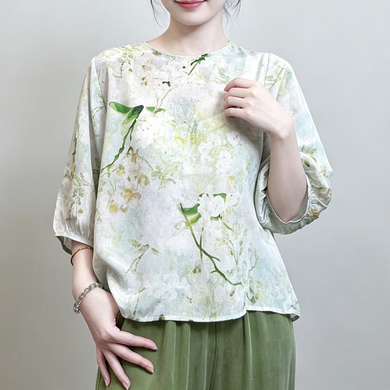 Women's Mulberry Silk Hibiscus Print 3/4 Sleeve Blouse