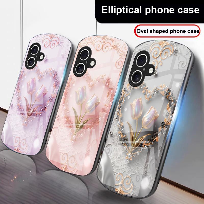 Love's Pink Purple Tulip For iPhone 17 16 15 14 13 Plus 12 Mini 11 Pro Max XR Xs Max X 7 8 6S 22 20 Elliptical Glass Phone Case