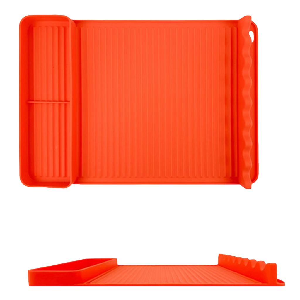 Silicone Dish Drying Mat with Utensil Holder and Grooved Surface for Kitchen Countertop Organization and Efficient Water Drainage