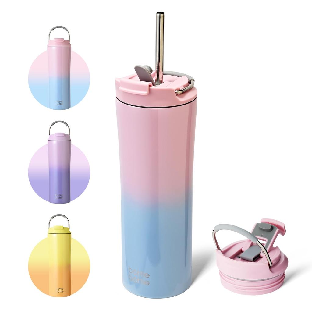 600ml Tumbler, Vacuum Insulated, Keeps Hot or Cold, Stainless Steel, with Holed Lid, Straw, Handle, Stays Dry, No Condensation, Direct Drinking, Pink