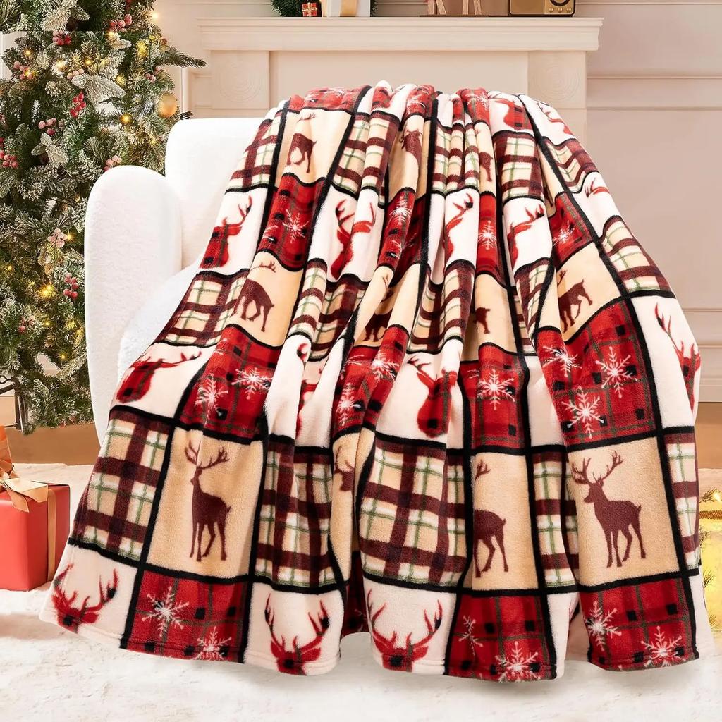 1pc Reindeer Plaid Christmas Blanket Flannel Fabric With Festive Deer Snowflake And Plaid Patterns For Living Room Relaxing Sess