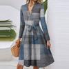 Women's Fashion Casual V-Neck Long Sleeve Waist Plaid Print Midi Dress