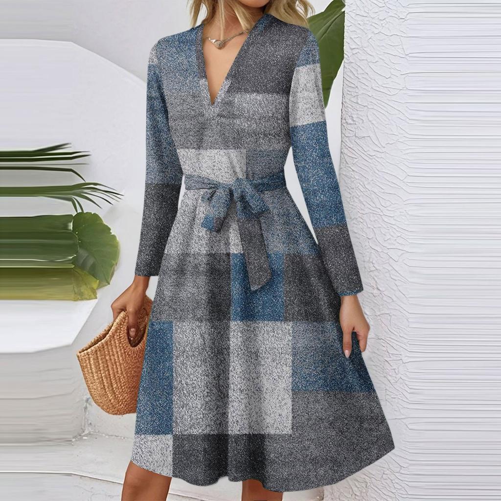 Women's Fashion Casual V-Neck Long Sleeve Waist Plaid Print Midi Dress