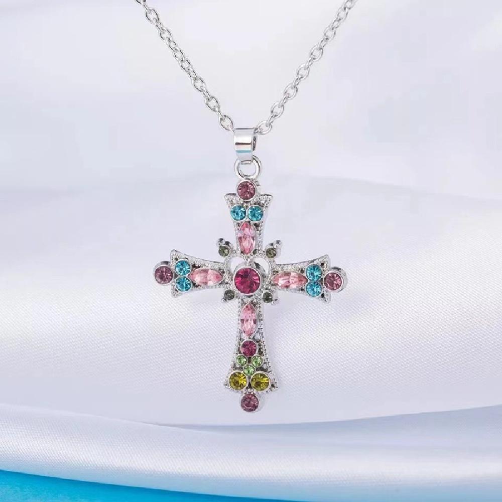 Crystal Pink Zircon Cross Pendant Necklace  Charm Y2k Clavicle Chain Necklace синий