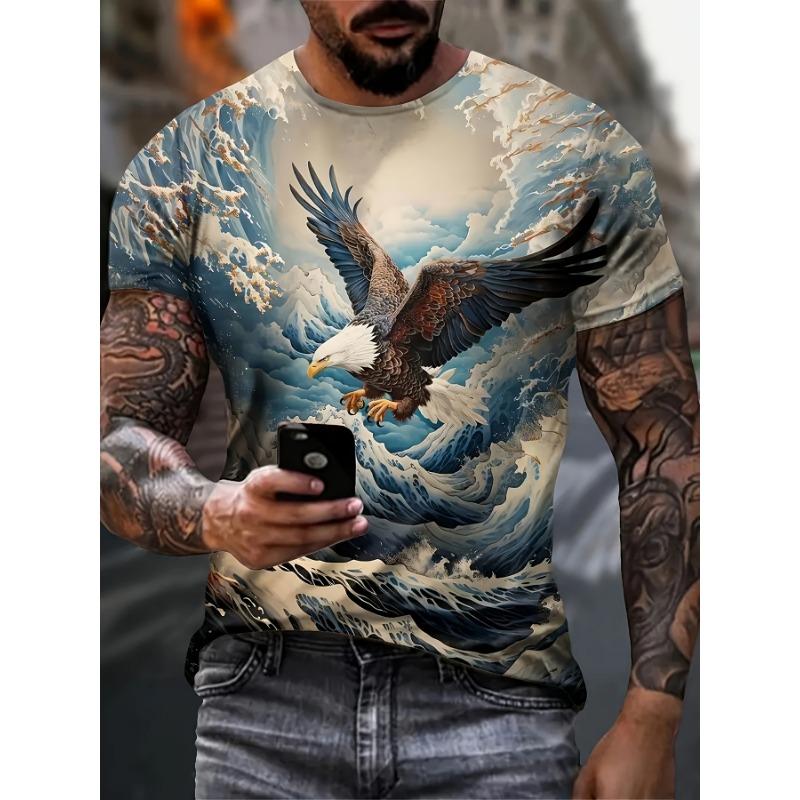 Fashionable summer men's domineering wolf print pattern breathable round neck T-shirt outdoor high street casual top