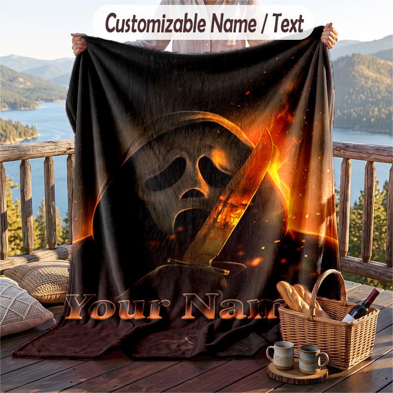Custom Text Flannel Throw Blanket, Lightweight Cozy Bed Sofa BlanketScream Ghostface