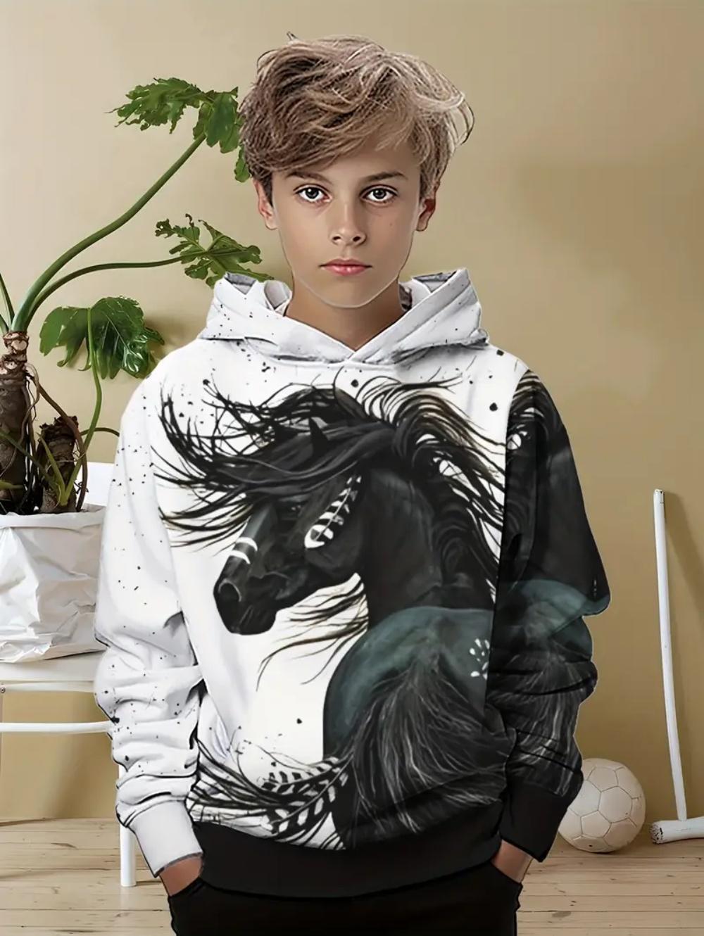 

2025 Новая детская толстовка Модный принт с лошадью 3D Принты Топы Осенний комфорт Толстовка с длинным рукавом Крутая детская одежда Мальчик 13-14Y