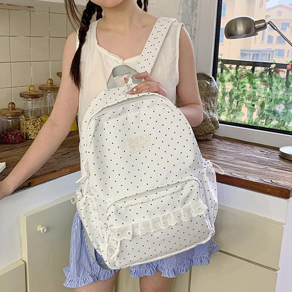 Polka Dot Backpack Cute Coquette Backpack with Lace Trim Kawaii Back Pack Everyday Daypack for Campus Classes and Weekend