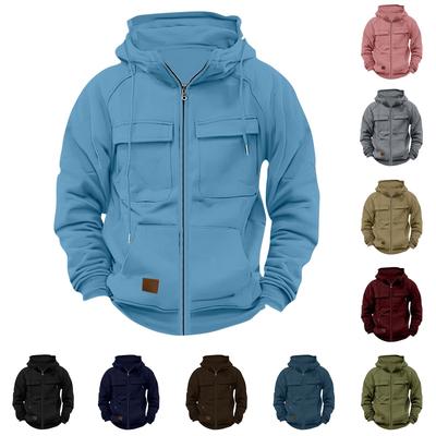 Men's Fashionable Solid Color Long Sleeve Hooded Loose Sweatshirt Sports Multi Pocket  Jacket
