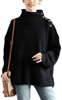 Gold Japan Plus Size Knit Long High Button Sizes Women's Sweater, Sleeve, Neck, Ribbed, Detail, Stretch, Autumn/Winter, Wn-0221, Black, 4L-5L