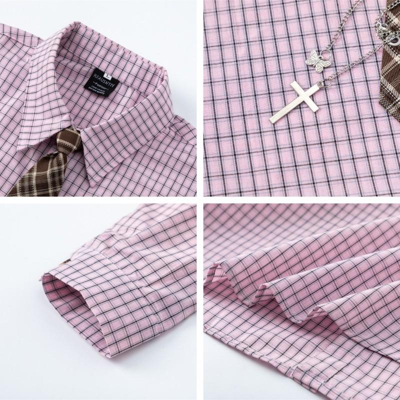 American Vintage Plaid Shirt Loose Fit Long Sleeve Button Up Top Men Women Casual Style