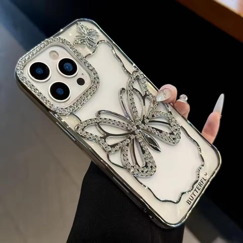 Transparent Butterfly Full Diamond Case for iPhone 17 Air 16 15 14 13 12 Pro Max Plus 17Pro Shiny Rhinestone Aesthetic Cover