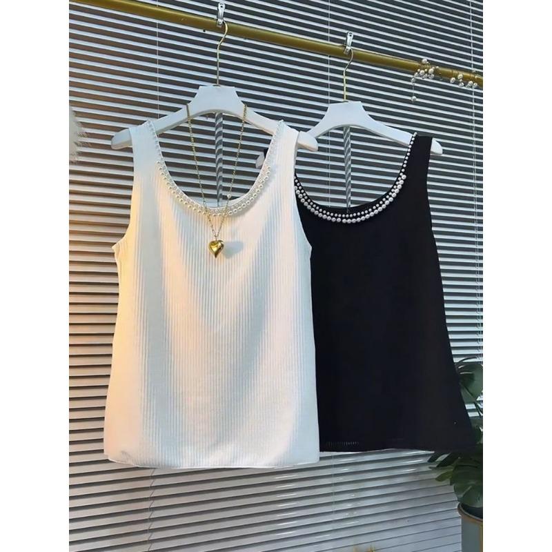 Spring and Summer Women's Casual Neckline Bead Vest Solid Color Fashion Elegant Sleeveless Knitted Simple Shirt Casual Basic Women Clothing