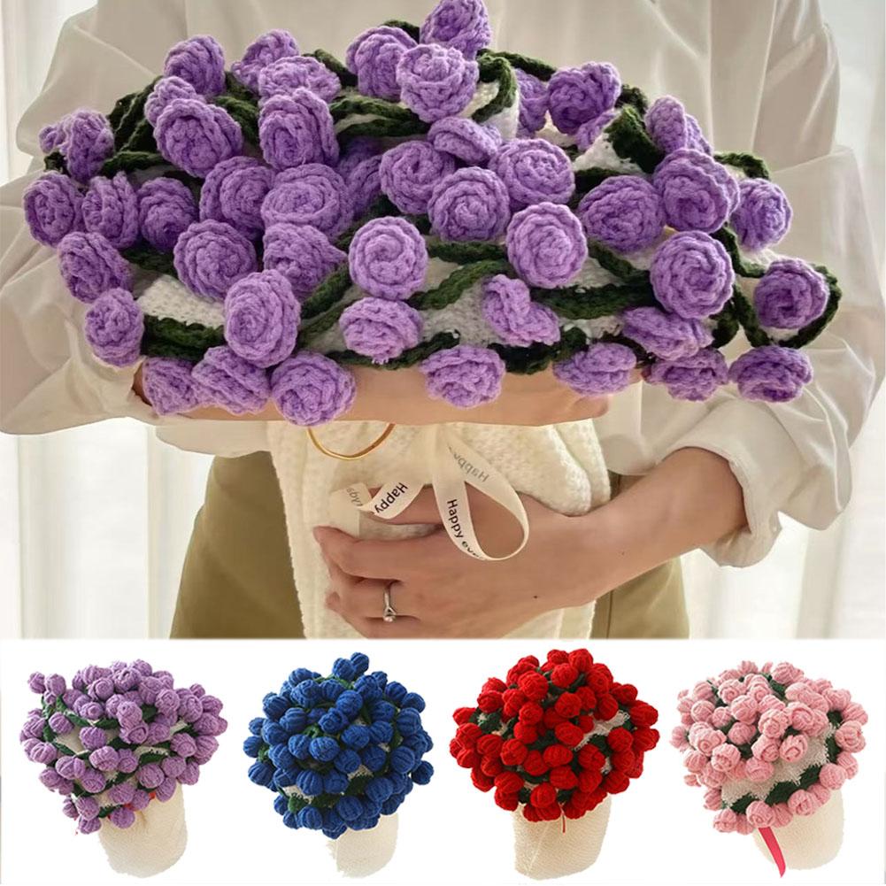 Handmade Crochet Flower Bouquet Rose Bouquet Gift For Valentine's Day Birthday Decorative Eternal Flower Bouquet Home Decoration
