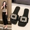 Square Buckle Rhinestone Flat Bottom Slippers Women's 2025 Summer New Foreign Trade Large Size Square Head Solid Color Outer Wear One Word Cool Slippe