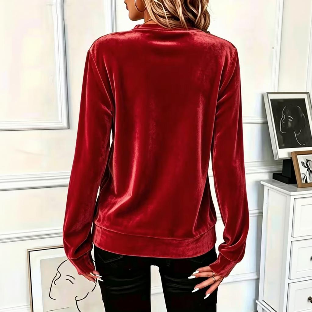 Damen Casual Samt-Sweatshirt mit, Langarm-Pullover