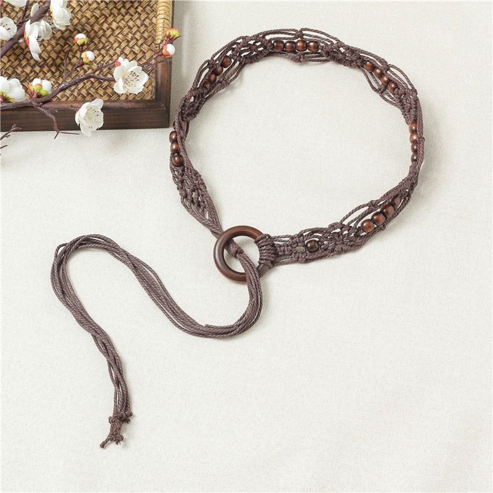 Beads Hand Woven DIY Wax Rope Round Wooden Button Ethnic Style Belts Women Waist Chain Braided Belt