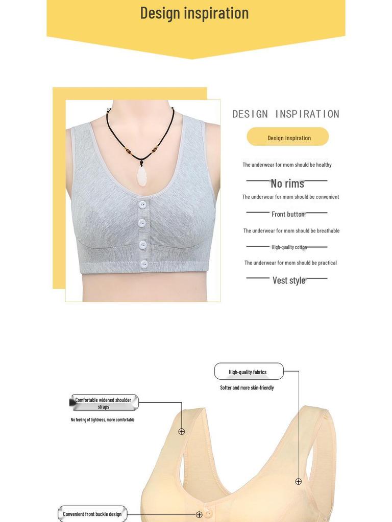 Mom's Cotton Wire-Free Front Closure Vest Bra for Middle-Aged & Elderly Women, Plus Size, Thin Section