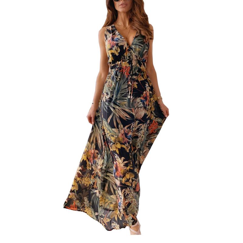 Boho Dress Sexy Deep V Neck Dress Printed Backless Maxi Dress Summer Beach Sleeveless Lace Up Dress