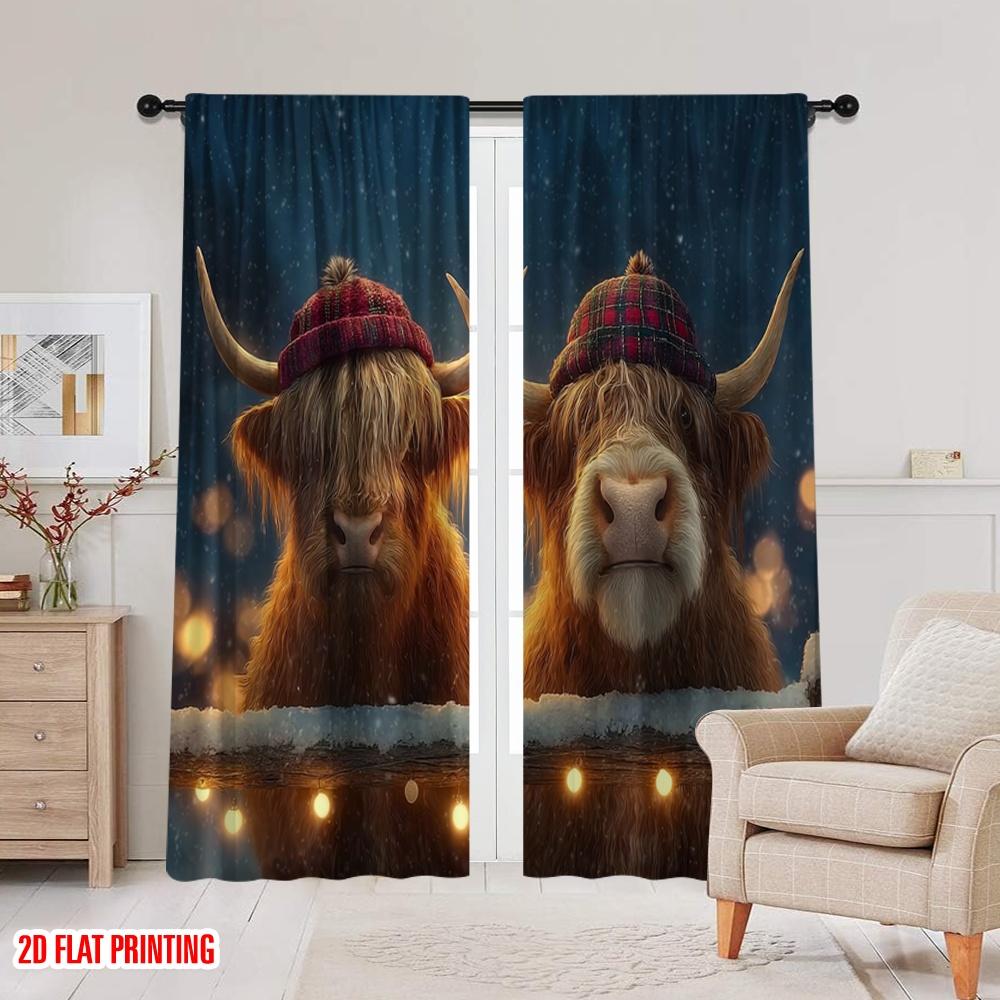 2pcs 2D flat printing St Patrick's Day Curtains Highland cattle in the snow Polyester Without Electricity Birthday Party for