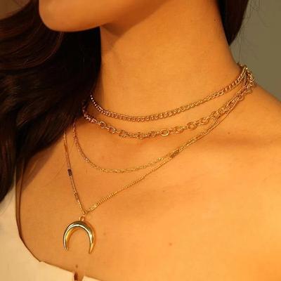 New Bohemian Style Stacked Half Moon Pendant Necklace, Multi-layer Alloy Chain