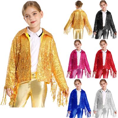 Κοριτσίστικο Πάρτι Σακάκι Λαμπερό με Λεπτομέρεια Φούντα με Παγιέτες Μακρυμάνικο Ανοιχτό Μπροστά Παλτό για Σκηνική Στολή