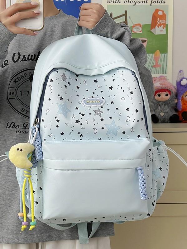 Nylon Girl Backpack With Star Print And Moon Pendant For Casual Travel
