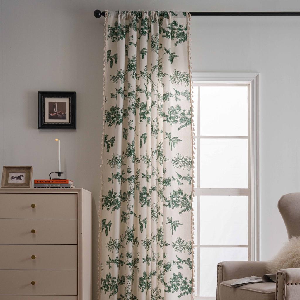 Green Floral Farmhouse Curtains Living Room Semi-Blackout Drapes Cotton Linen Boho Window Curtain with Tassel Decor, Rod Pocket