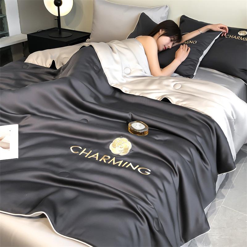 A-Class Water Washable Ice Silk Summer Cool Quilt Set, Summer Air Conditioning Embroidered Quilt, Heavenly Silk Summer Blanket