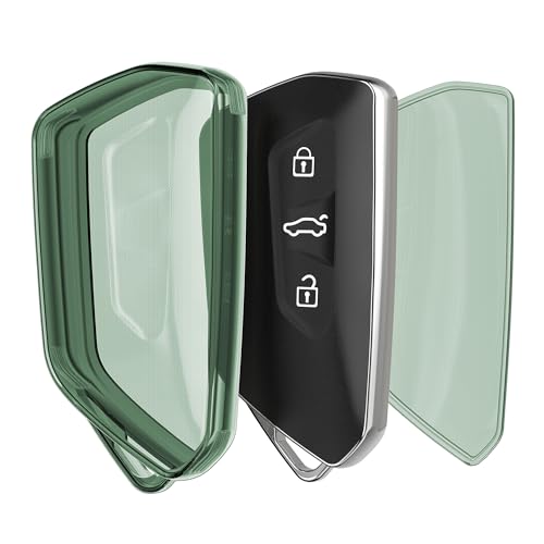 

kwmobile Key Cover for VW Golf 8 3-Button Car Key Compatible Key Case - Key Cover TPU Clear - Car Key Shockproof Protection Green/Transparent
