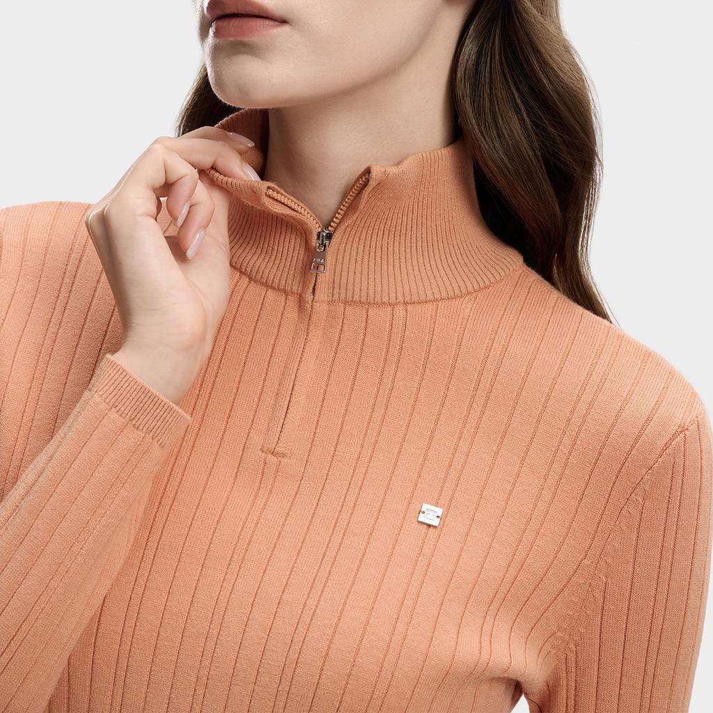 Fila Biela Klasická Módna Jednoduchá Elegantná Ležérna Pohodlná Všestranná Štíhly Strih Polovičný Zips Stojačik Pletený Sveter Dámske topy Oranžová F11W613401FOR
