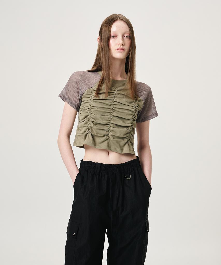 ETMON Knit Sleeve Shirring T-Shirt, Khaki