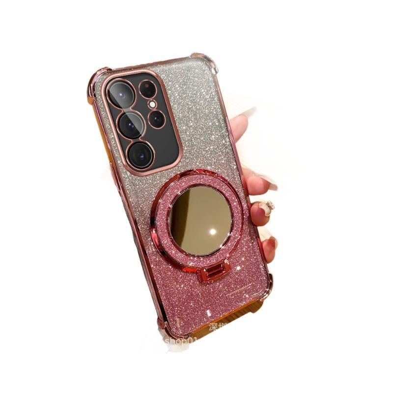 Suitable for Samsung S25 Ultra Electroplated Four Corner Airbag Mobile Phone Case S24 Makeup Mirror A17 Bracket A26 Anti Fall Cover 5