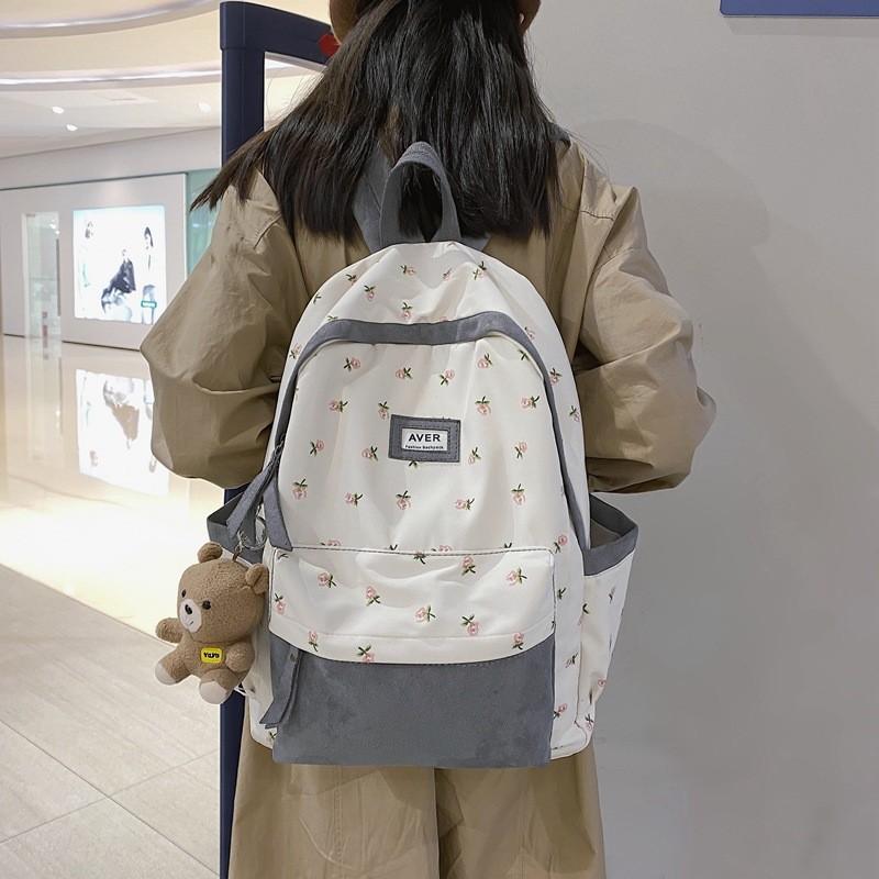 Fashionable Color Blocked Flower Pattern Letter Decor Student Casual Backpack