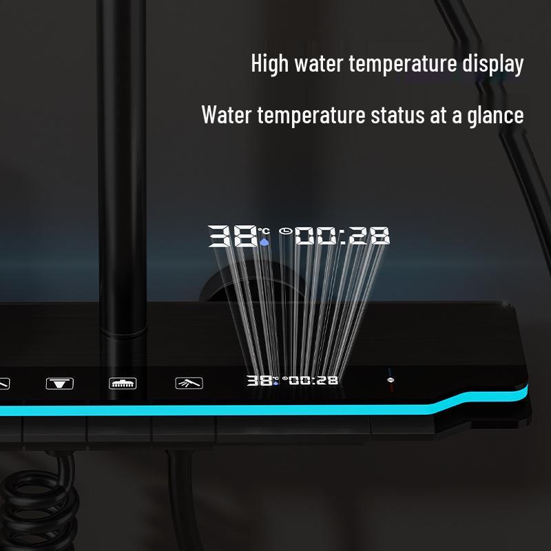 Gray Atmosphere Lighting All-Copper Shower Set with Thermostatic Digital Display and Pressurized Rain Shower Head