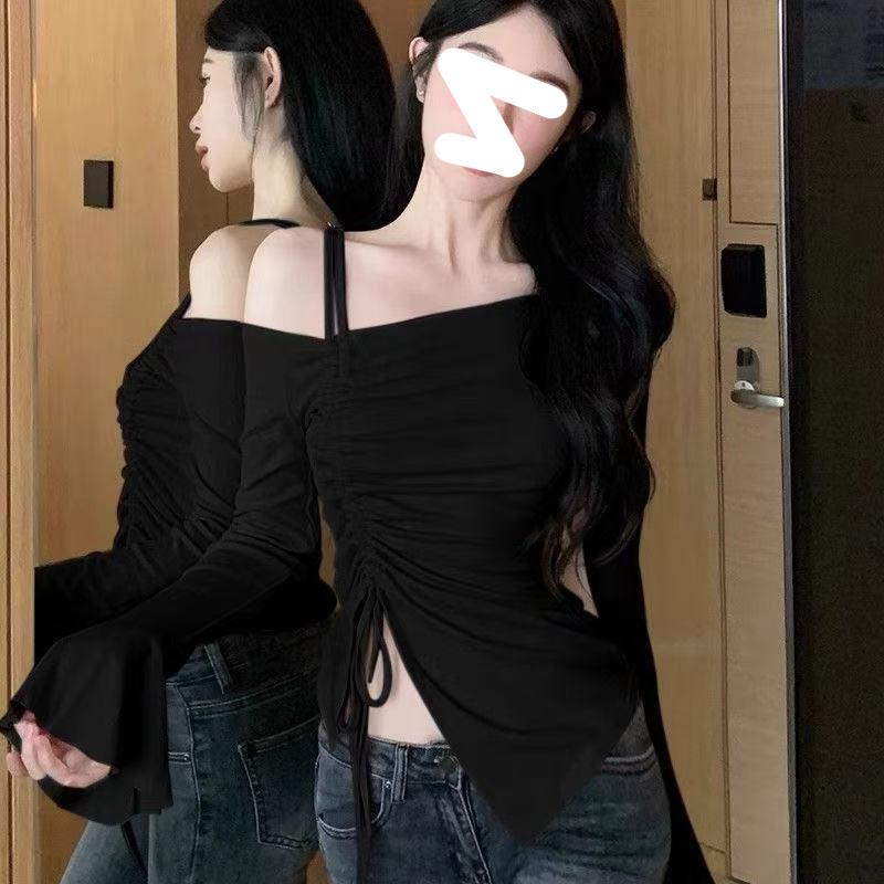 

Spring & Autumn Asymmetrical Shoulder Dress with Double Straps & Drawstring - Sexy Curve-Enhancing Date Outfit XL (for 115-125 Jin) чёрный