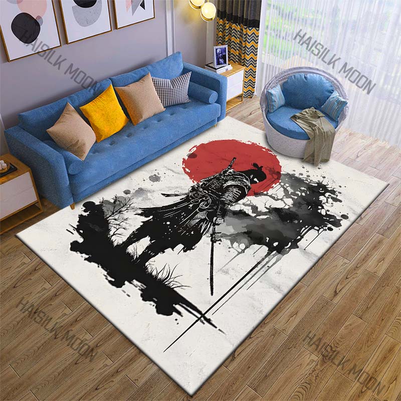 Samurai and Red Sun Ink Painting Print Carpet Rug for Living Room Bedroom Sofa Doormat Home Decor Non-slip Floor Mat