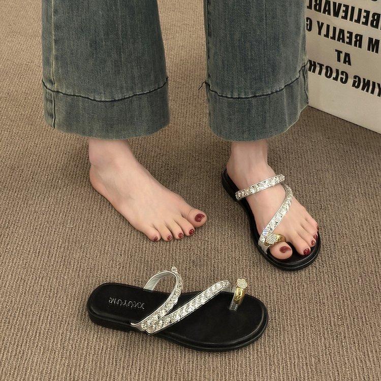 French Style with Skirt Rhinestone Cool Slippers Women's Summer Wear 2025 New Beautiful Seaside Sandals Fairy Silver Slippers