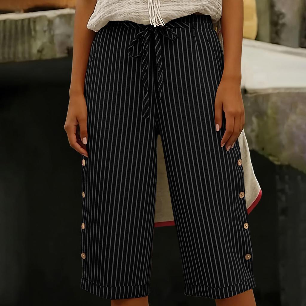 Dames Zomer Mode Gestreept Elastische Taille Vijfkwart Broek Casual Losse Zak Shorts