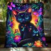 Magical Black Cat Rainbow Flowers Butterflies Fleece Blanket Glow In Dark Artistic Design Soft Plush Throw Home Decor Gift for