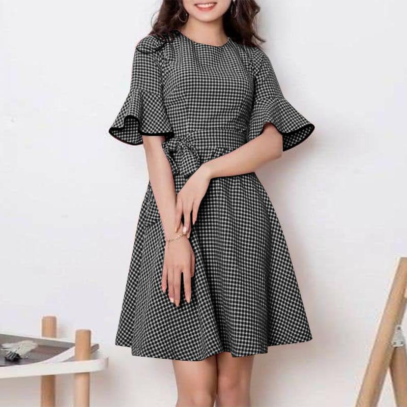 

ZANZEA Женские Элегантные Платья в Клетку с Короткими Рукавами-Воланами и Круглым Вырезом 4XL чёрный