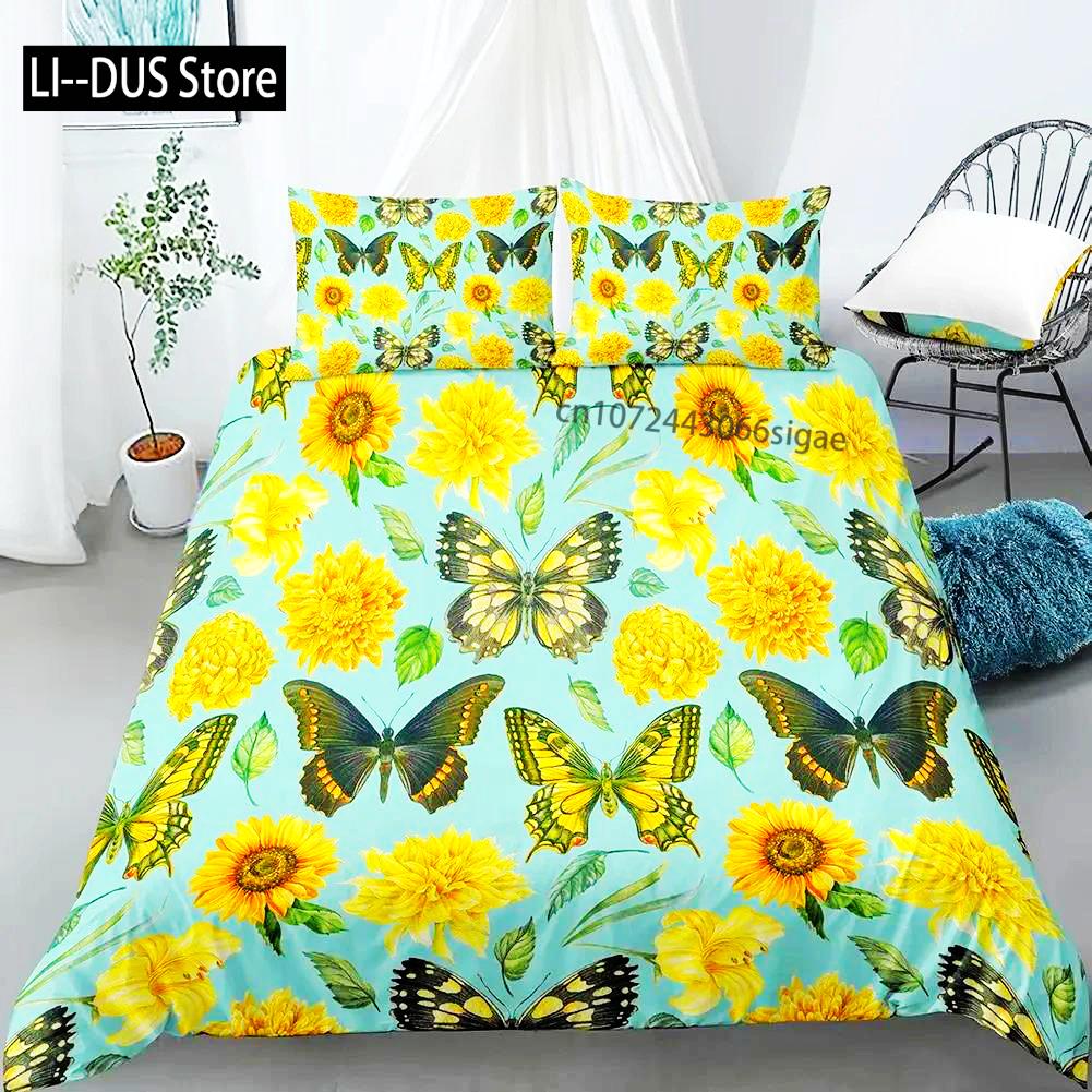 Butterfly Bedding Set For Boys Watercolor Butterfly Duvet Cover Fantasy Floral Animal Polyester Quilt Cover King Queen