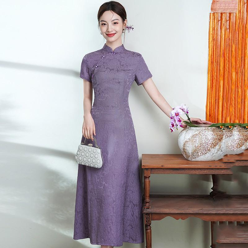 Purple Dress Women Slim Fit Vintage Chinese Style Midi With Stand Collar 2025 Medium